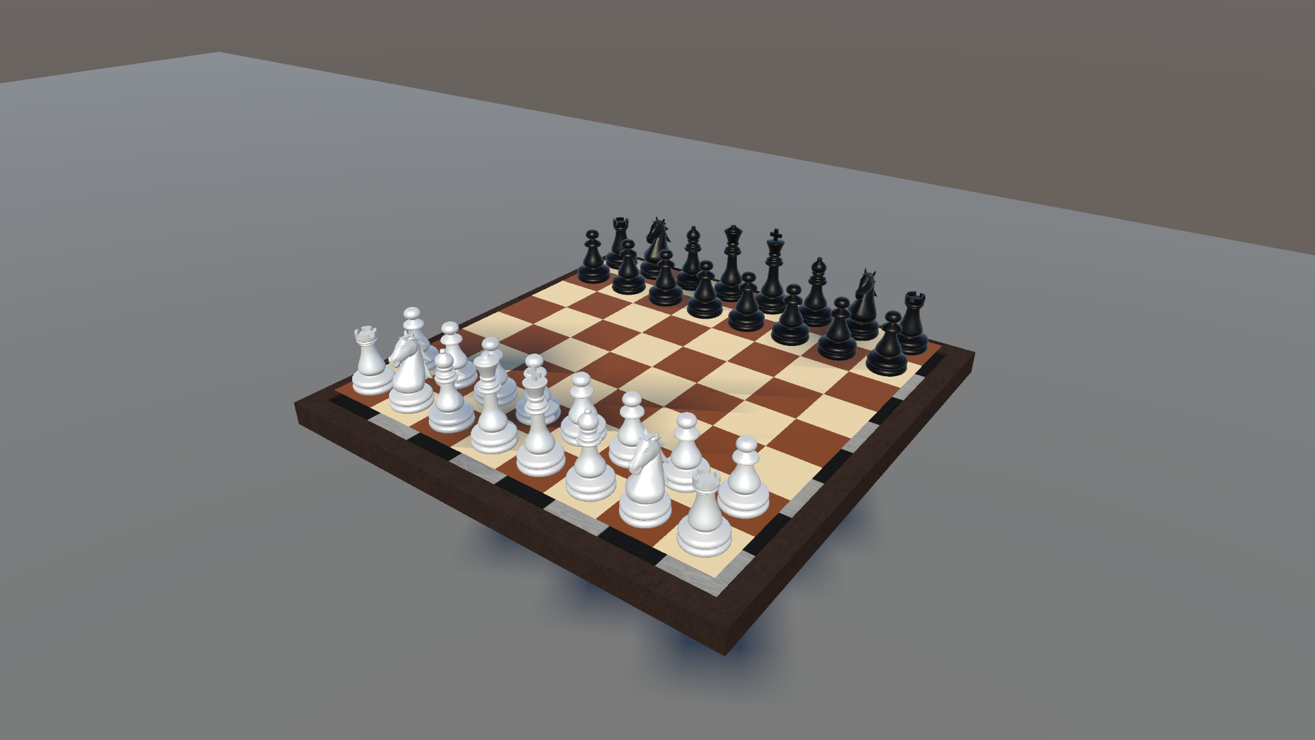 Close view of the game's chess pieces and board