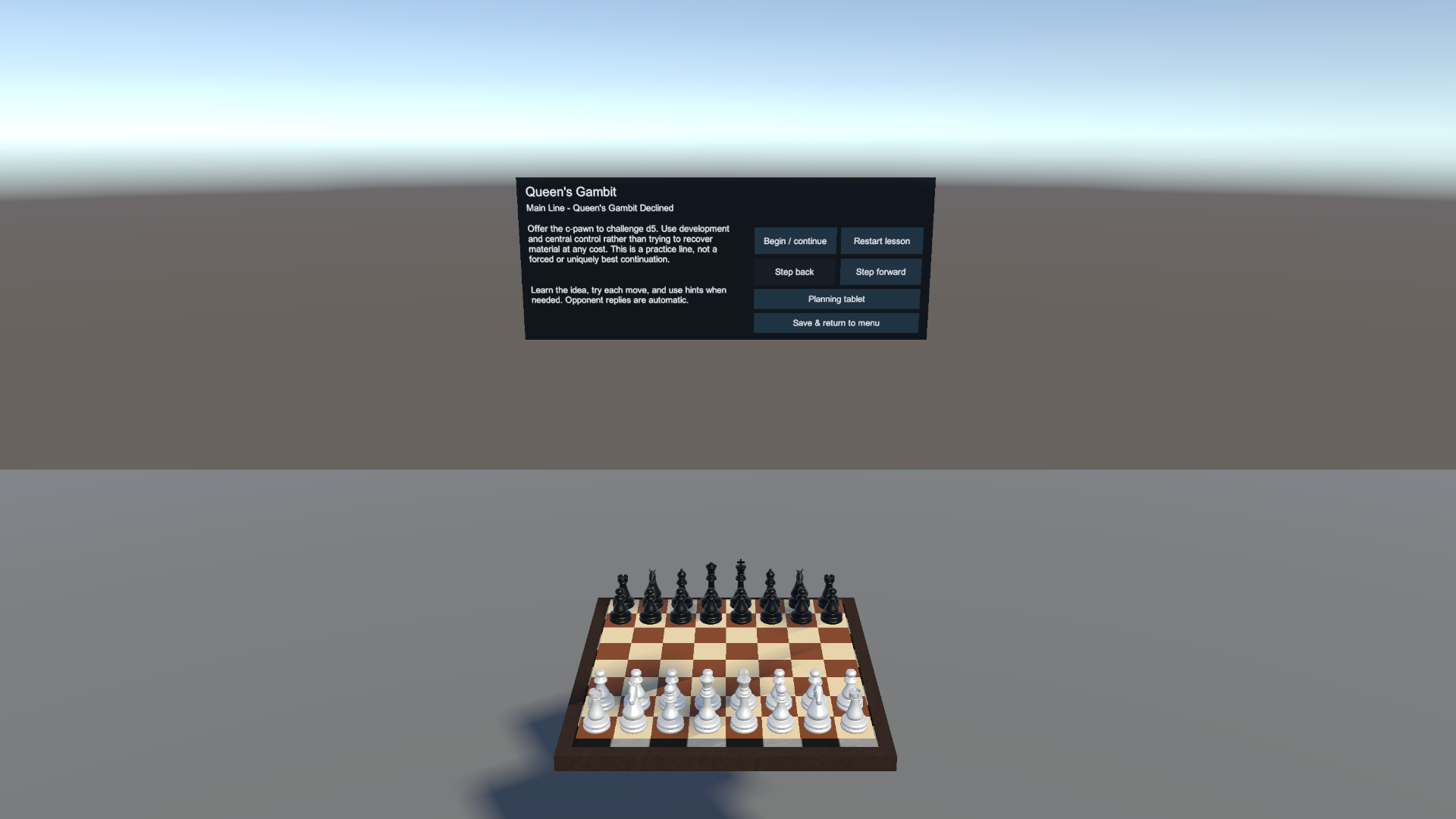 Gambit training with a guided lesson and virtual board