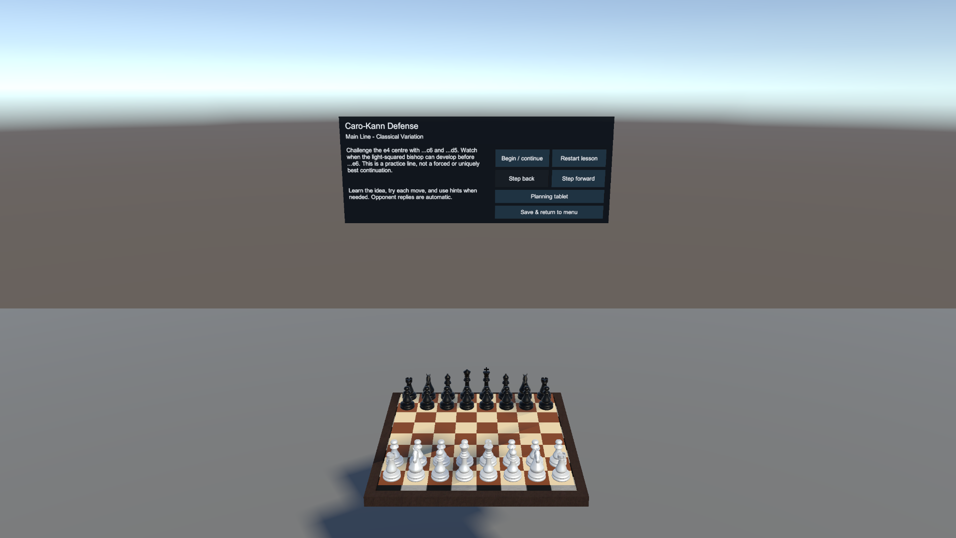 Opening lesson panel above the three-dimensional chessboard