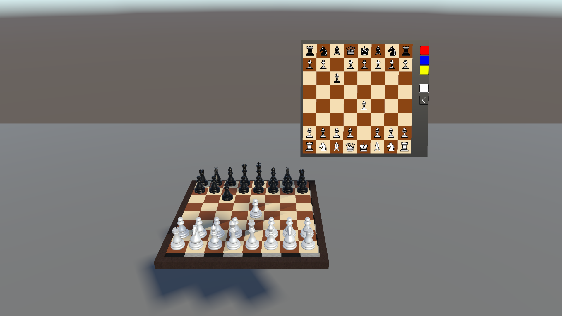 Floating bird’s-eye 2D chess tablet above the 3D board, both showing White’s pawn on e4 and Black’s pawn on c6